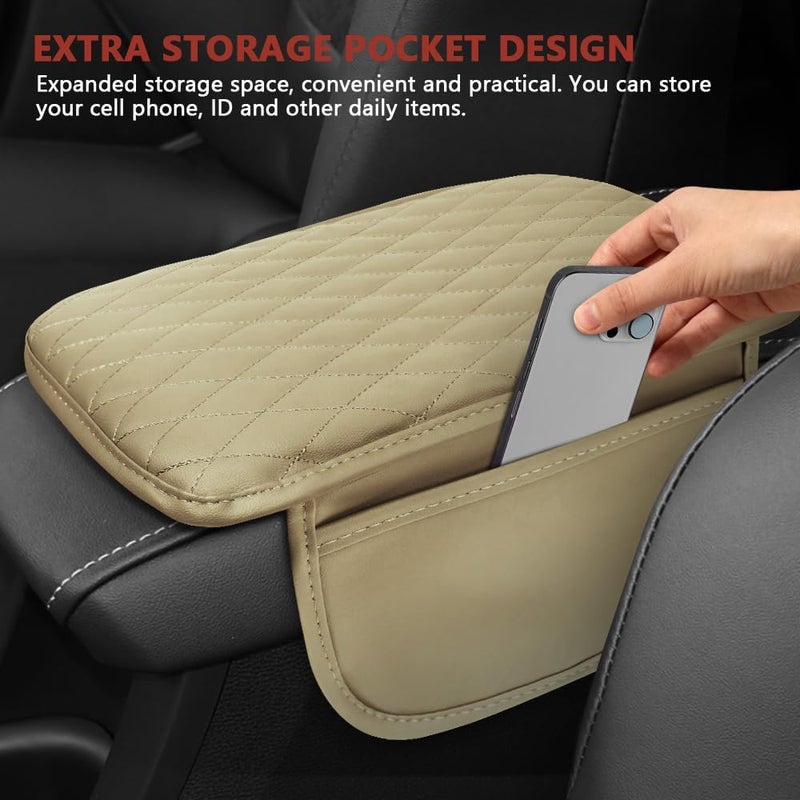 ongfuwu Car Center Console Cover, 12"×7.87" Waterproof Leather Auto Armrest Cover Protector with 2 Pocket, Comfortable Arm Rest Box Cushion Pad, Universal Interior Car Accessories (Beige) - Image 5